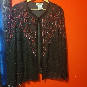 Gorgeous Black & Beaded Cranberry Sequins Lined Dressy Cocktail Jacket 